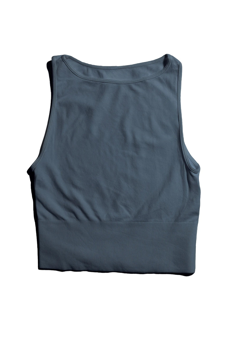 high neck sleeveless crop top in blue 