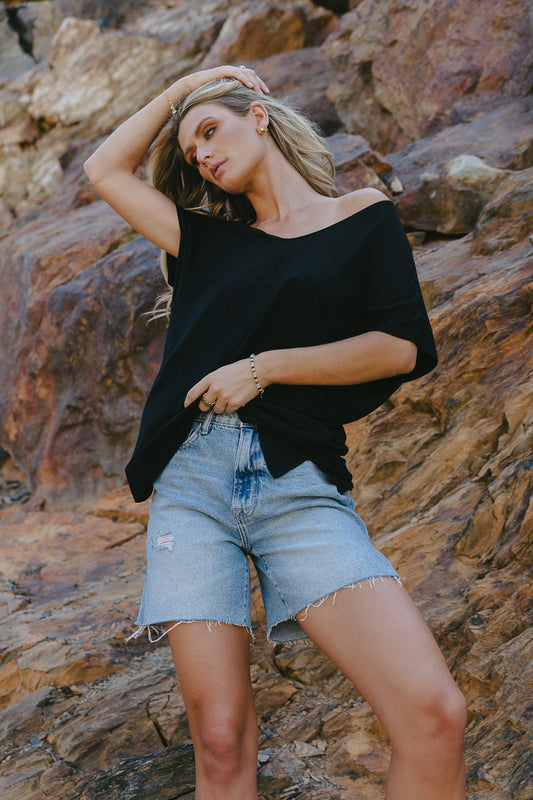 Denim shorts paired with a black top 