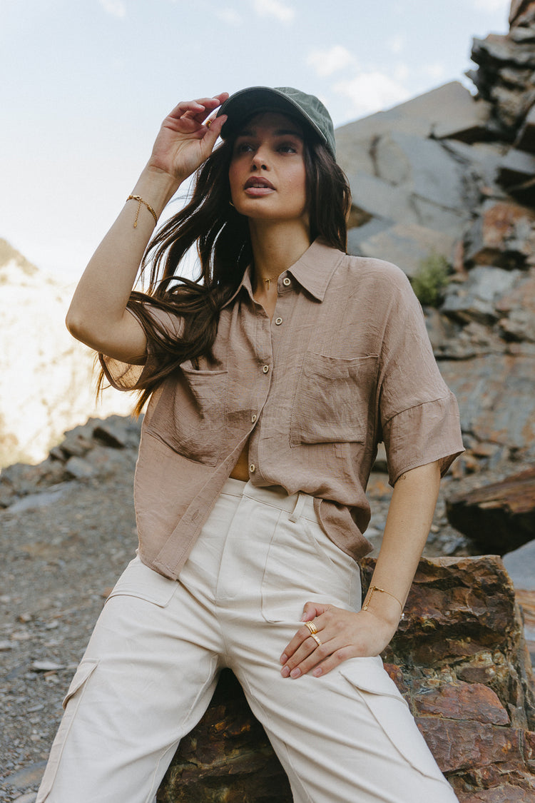 short sleeve button up in Taupe