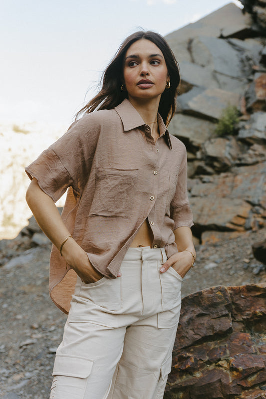 Two front pocket button up in taupe 