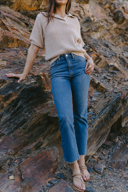 Straight legs jeans paired with a sweater top 