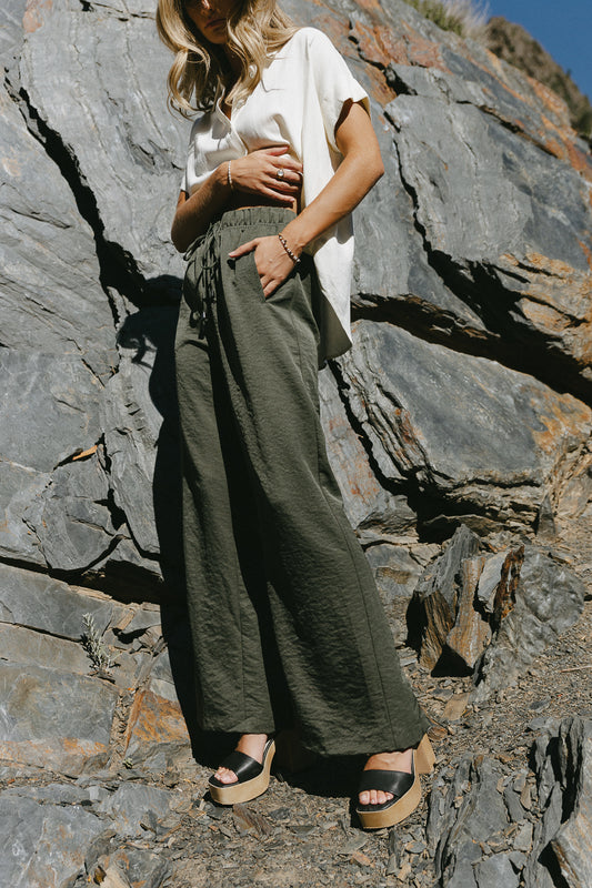 silky olive wide leg pants with slit