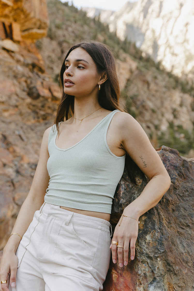 ribbed cropped tank in sage 