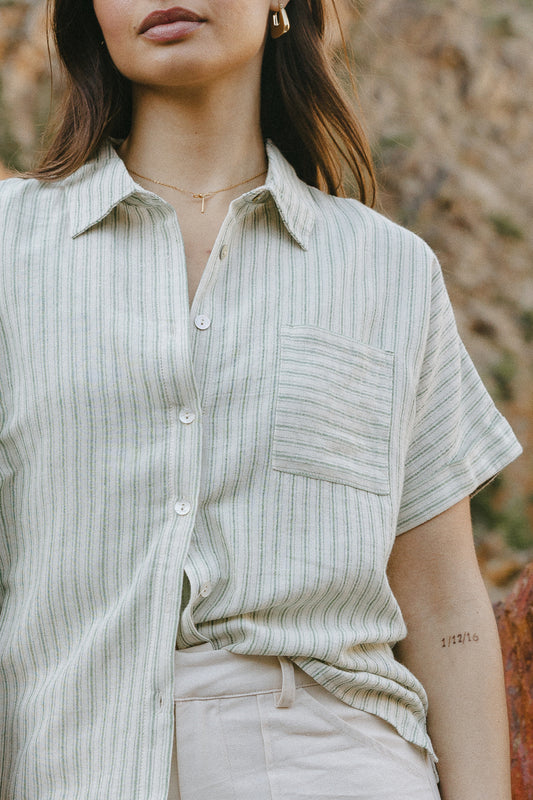 green and white striped button up