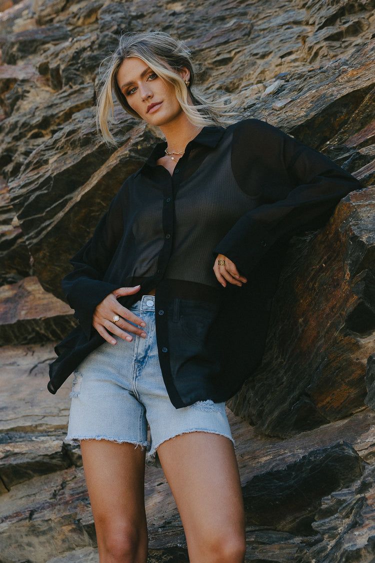 Button up oversized sheer blouse in black 