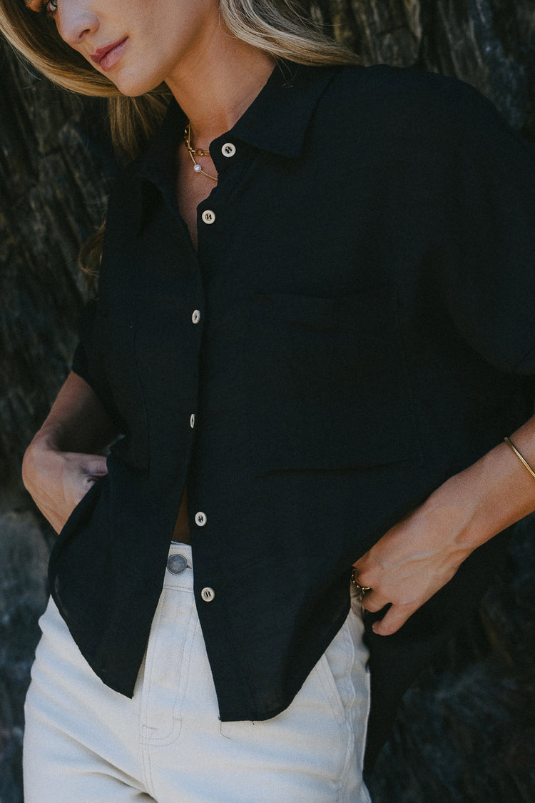 basic black slight sheer button up