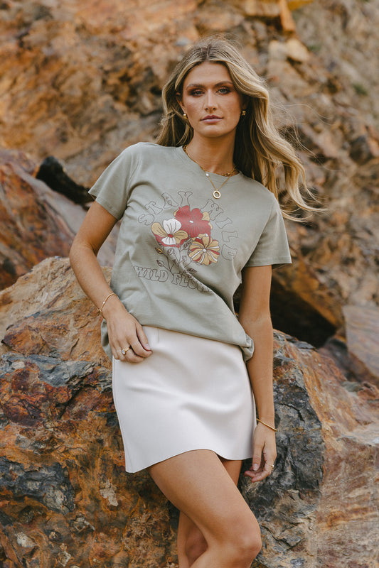 Graphic tee shirt with wild flowers in sage 