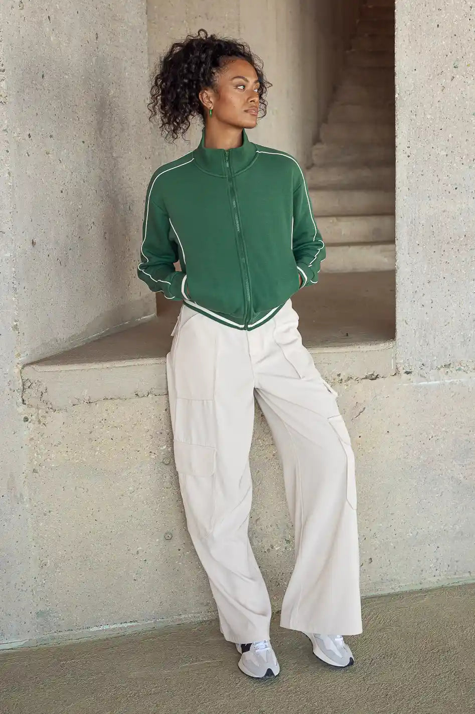 Green track pants outfit on sale