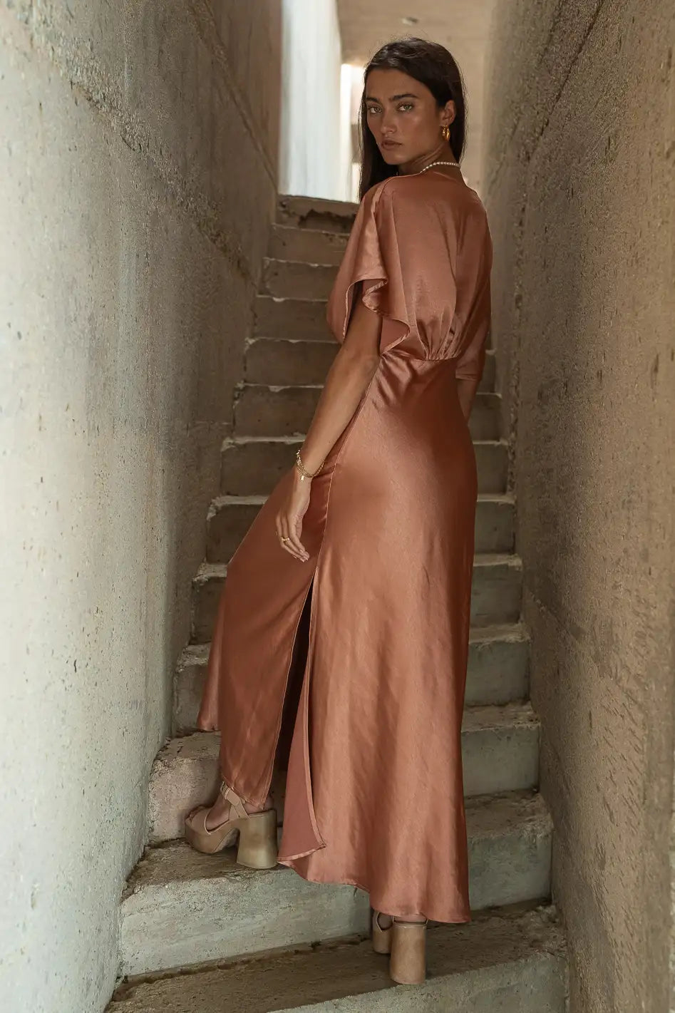 Copper satin maxi deals dress