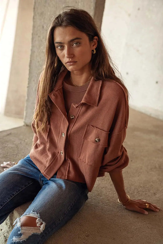 Button up knit top in rust 