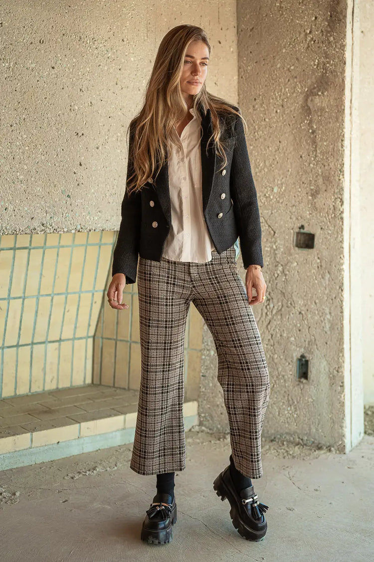Wide legs plaid pants in taupe 