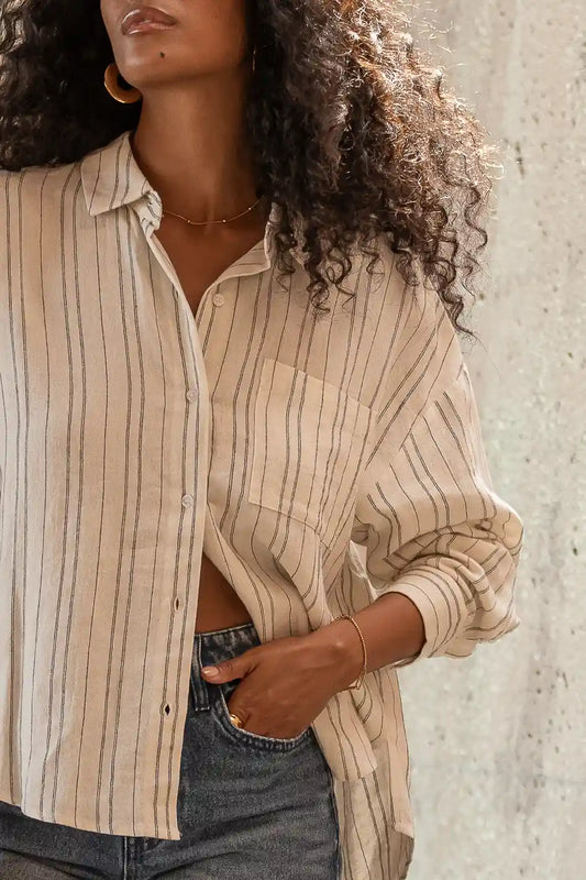 One side button up striped top in white 