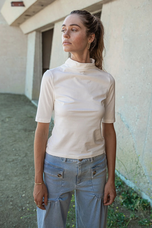 Fitted mock neck top in ivory 
