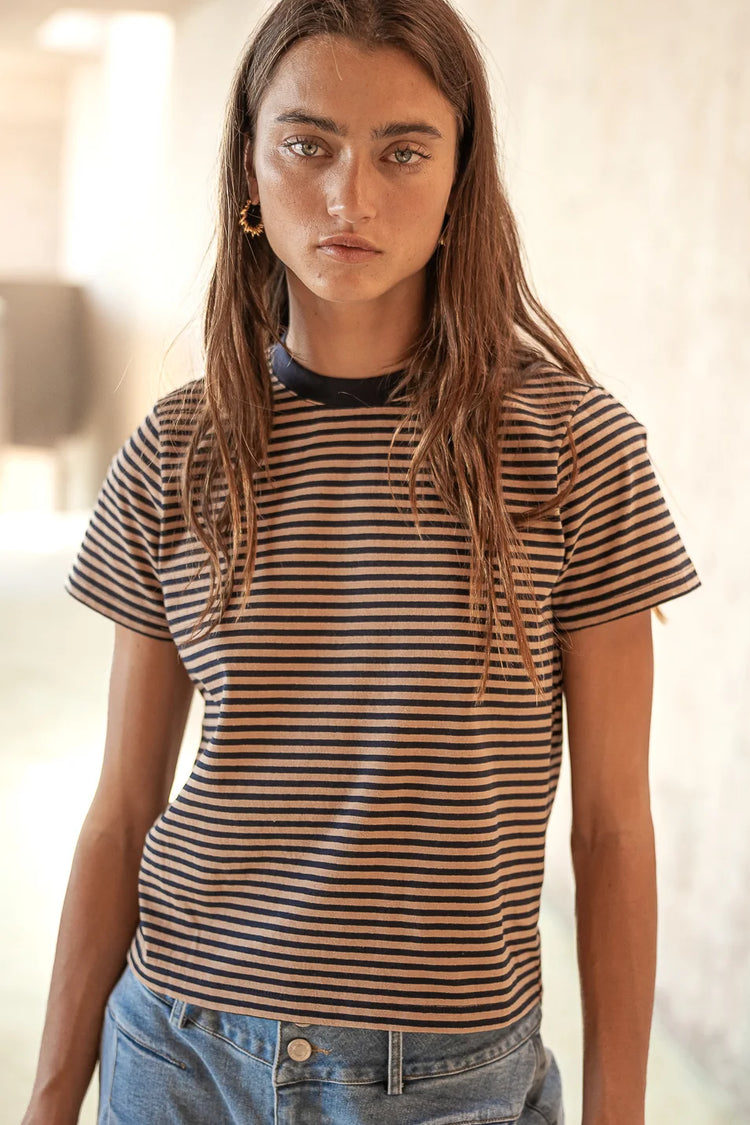 navy and brown striped top