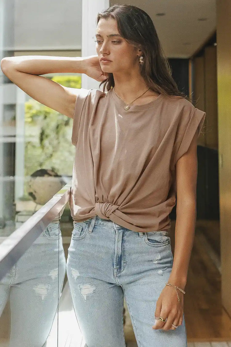 Front twist detail top in taupe 