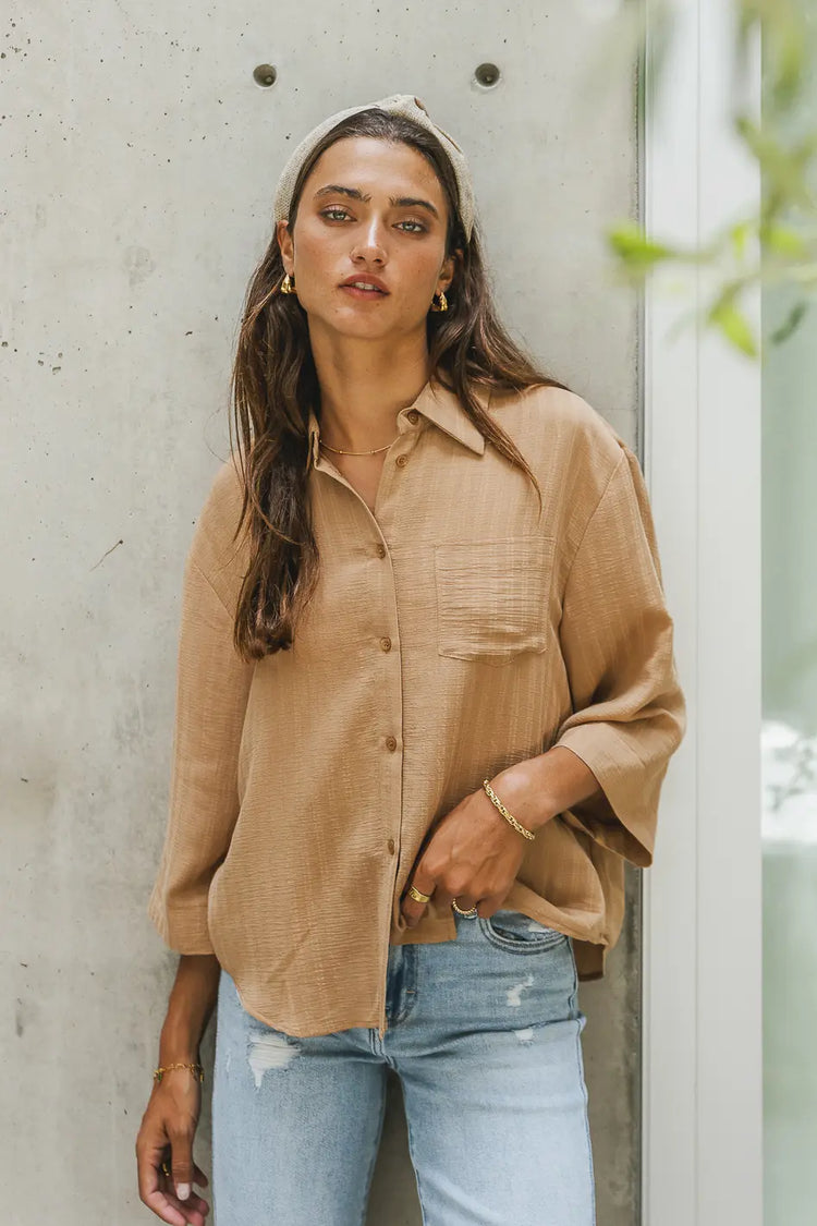 Button up woven blouse in camel 