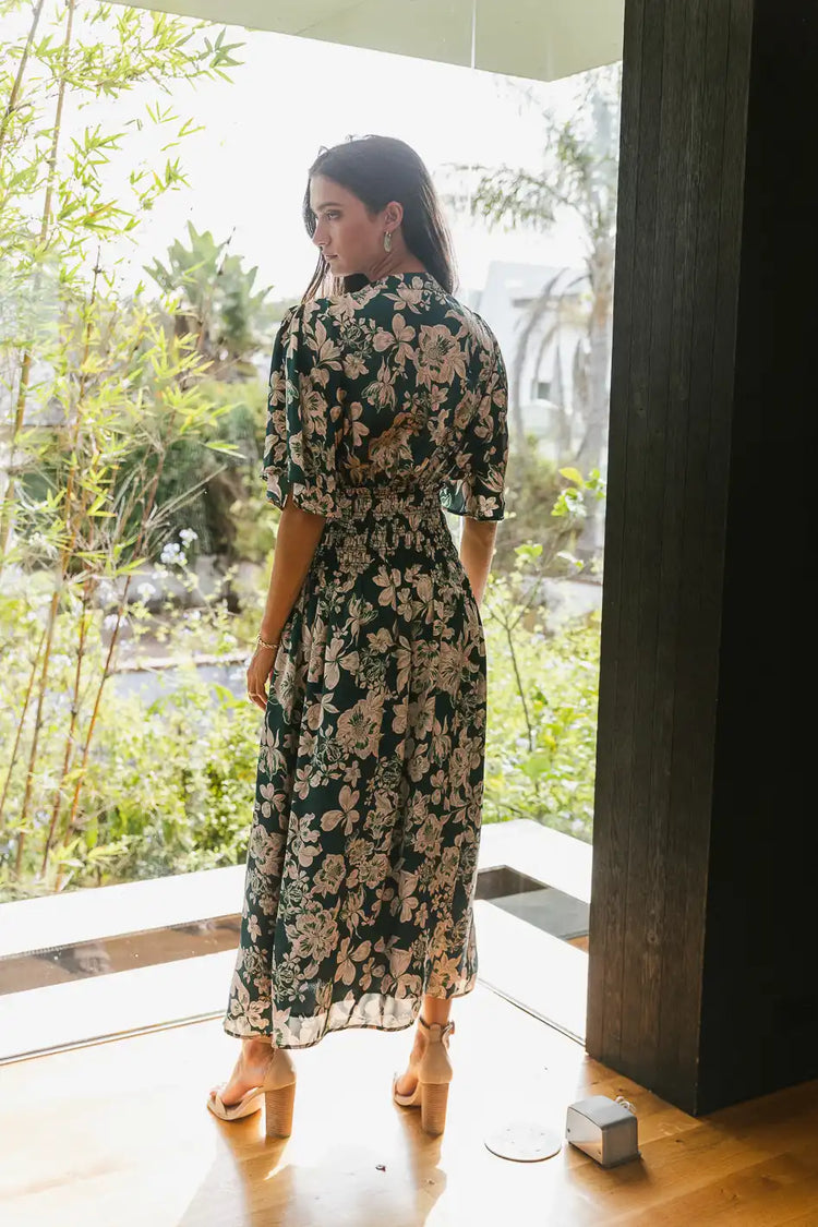 Elastic waist floral midi dress 