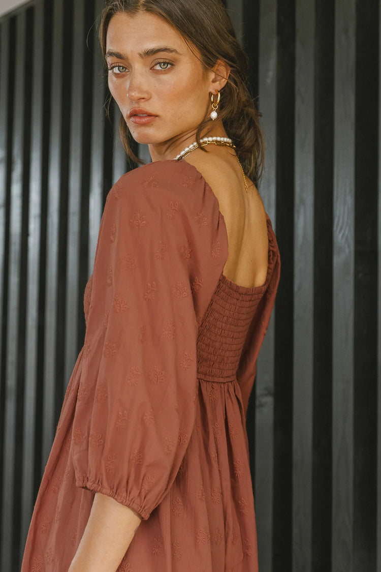 3/4 sleeves embroidered dress in rust 