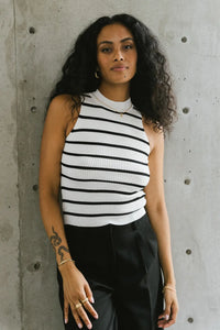 white and black striped mock tank top 