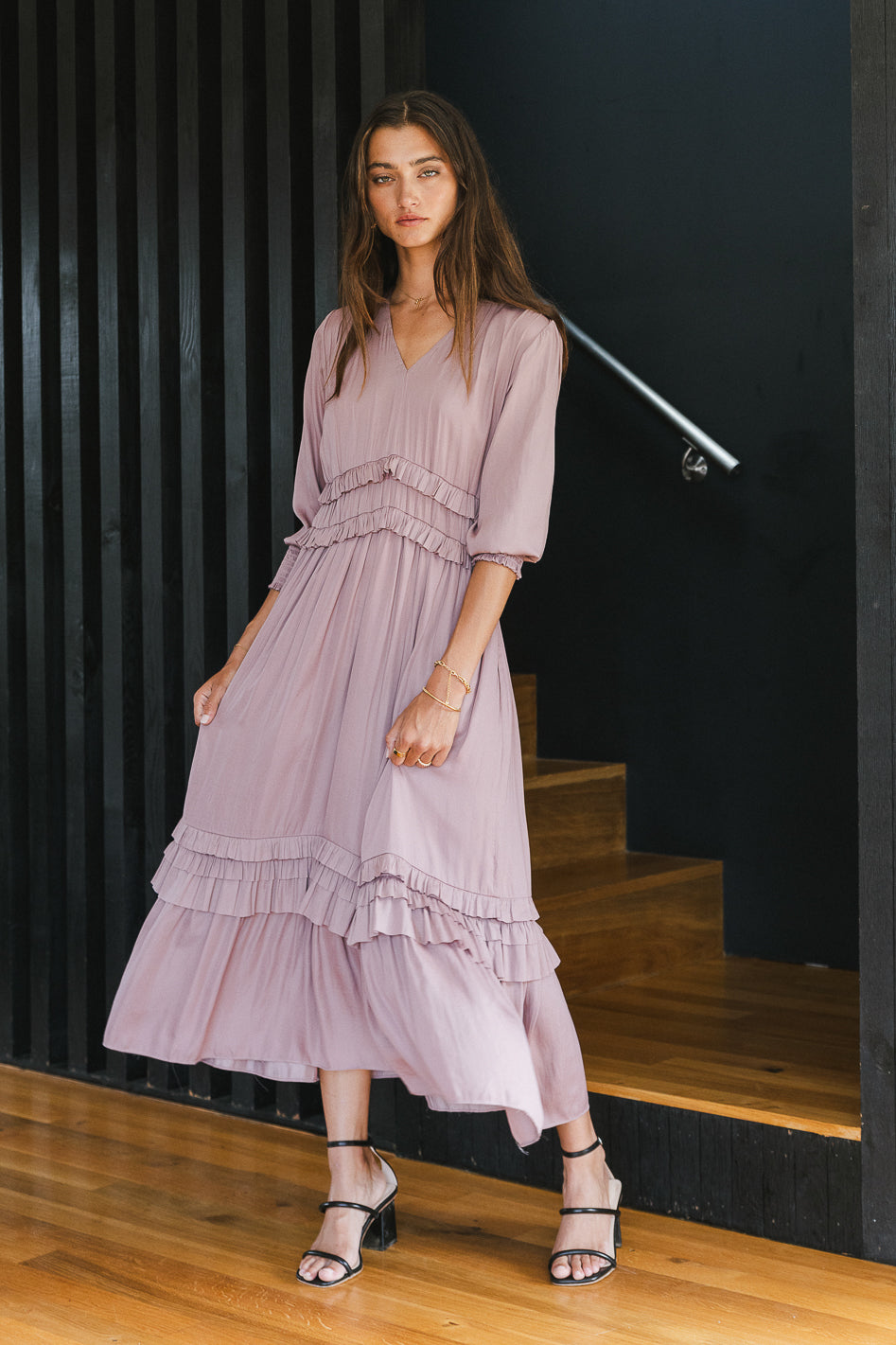 flowy ruffle midi dress in lavender