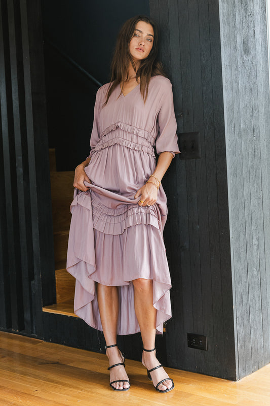 midi dress with sleeves and ruffles