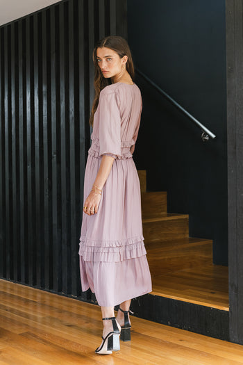 ruffle midi dress in lavender 