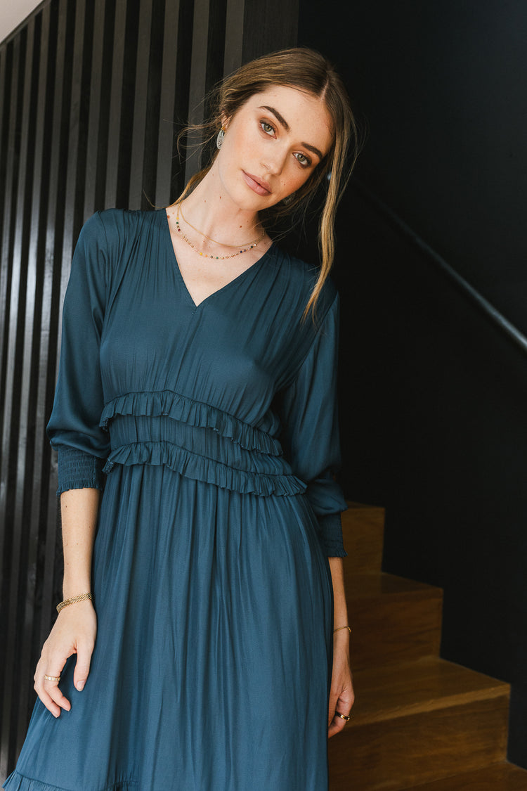 v neck dress with ruffles and sleeves
