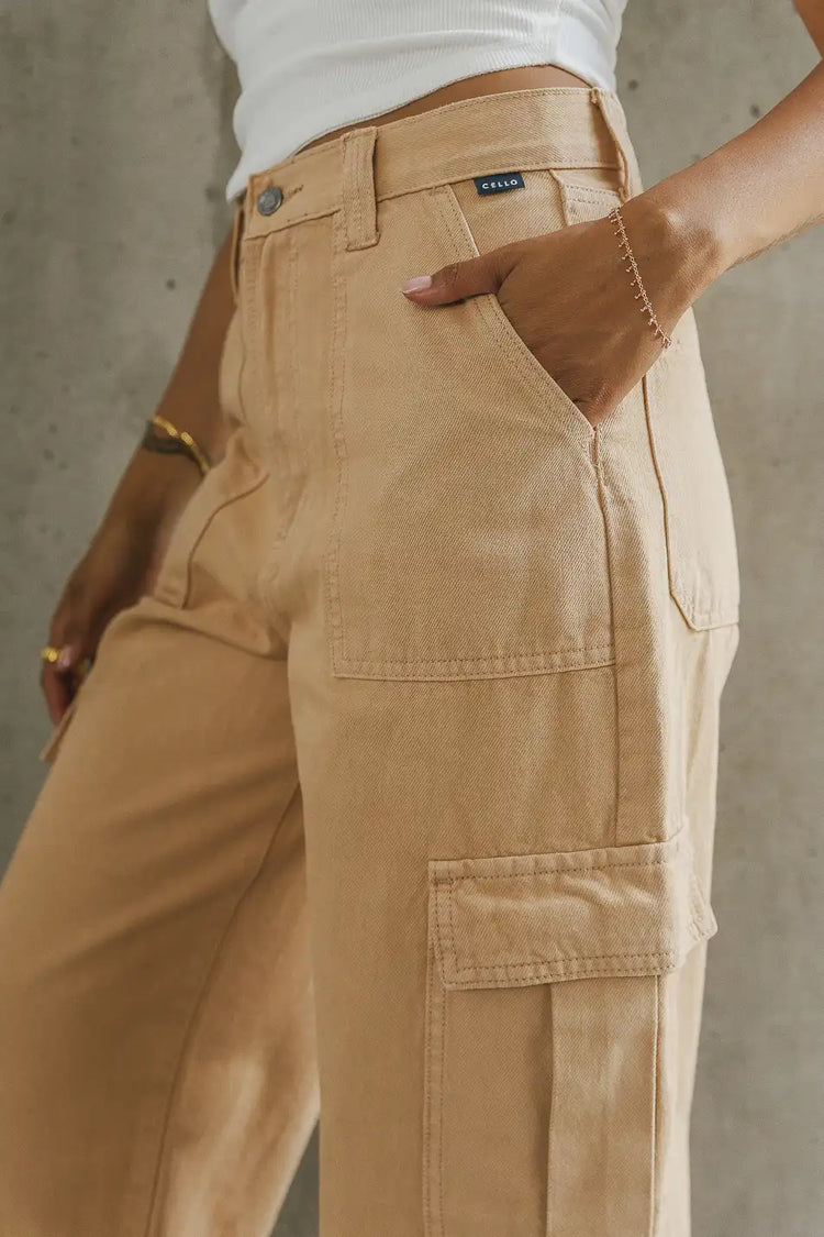 cargo pockets on tan jeans