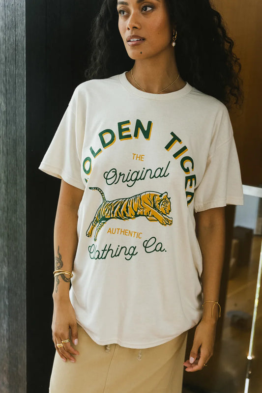 oversized shirt with yellow and green golden tiger graphic