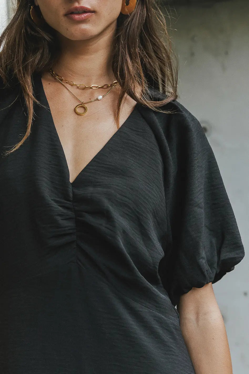 close up of black midi dress with v neckline 