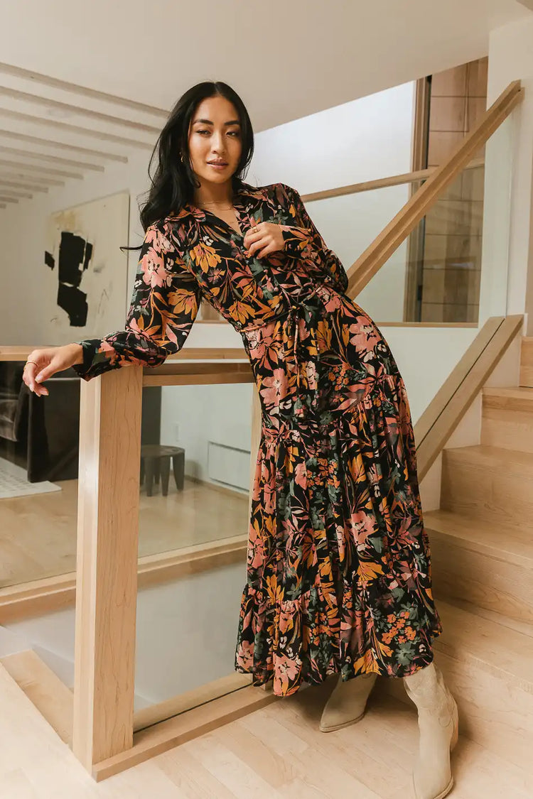 Long sleeves maxi floral dress in multi color 