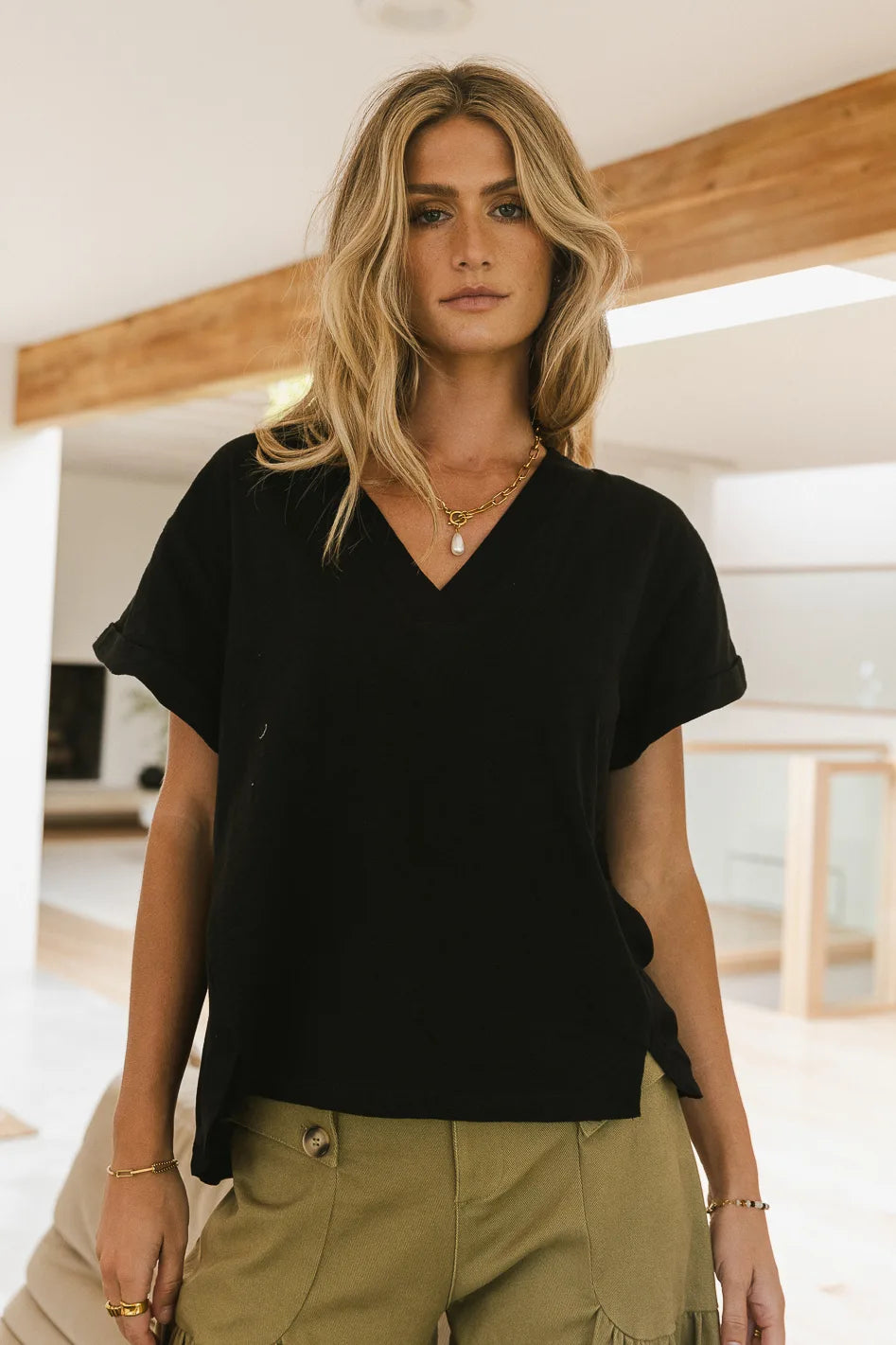 black V-neck tee