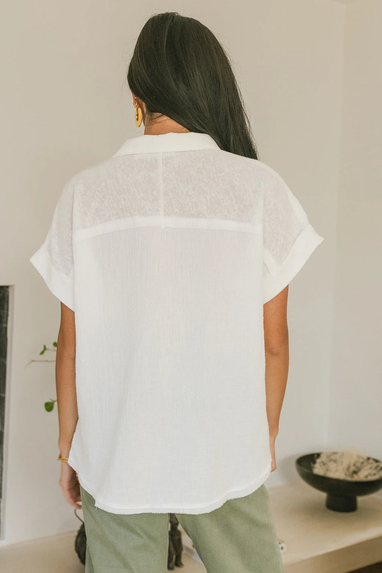 Sheer shoulder button up in white 