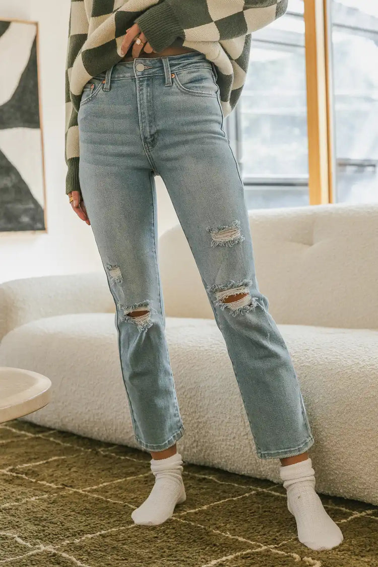High rise straight leg jeans in light wash 