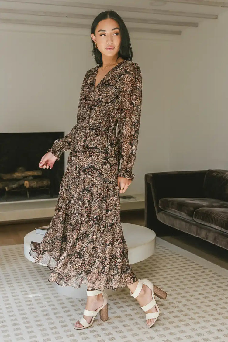floral printed midi dress with long sleeves