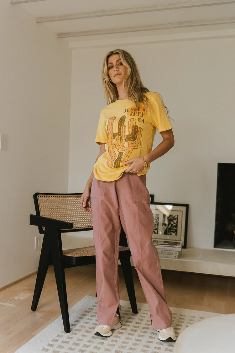 Graphic tee paired with wide leg pant