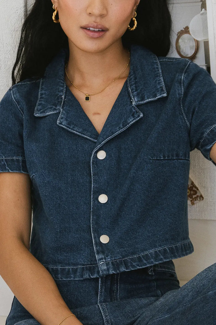 Notched collared neck cropped denim top  