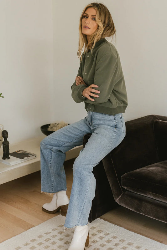 Bomber Jacket in green [paired with light denim jeans 