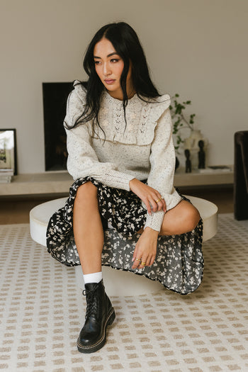 Ruffle long sleeves sweater paired with a floral maxi skirt 