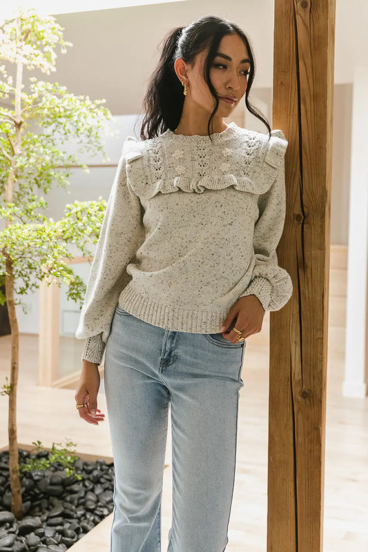 Ruffle front details knit sweater in cream