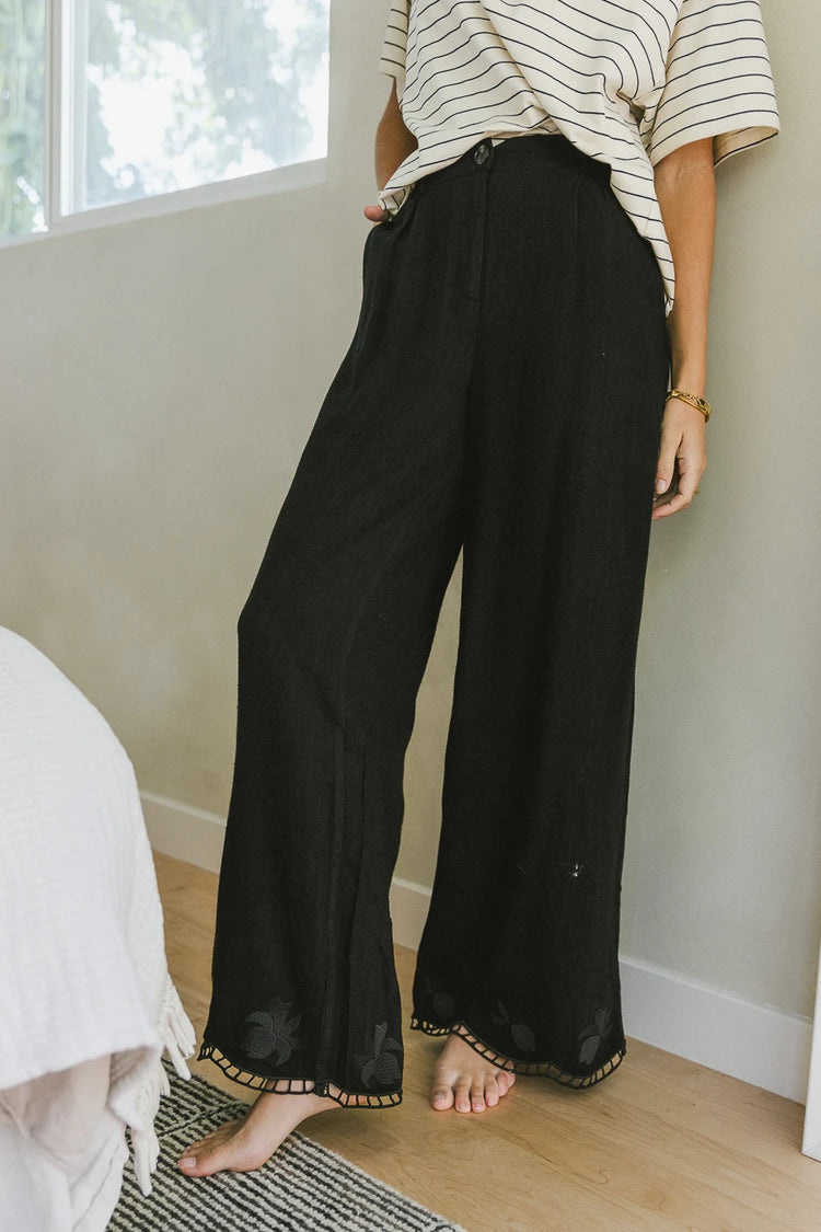 High rise embroidered pants in black 