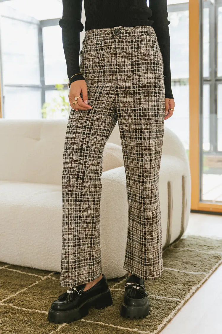 High rise plaid pants in taupe 