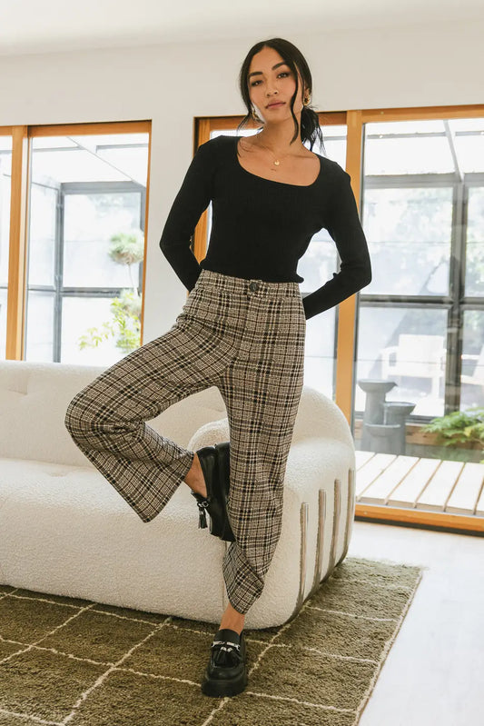 Plaid wide legs pants in taupe 
