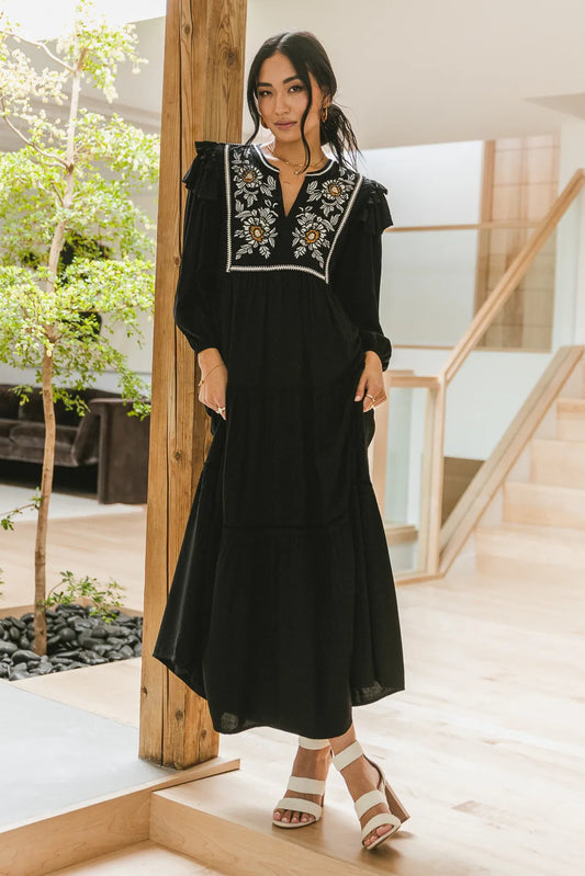 Embroidered maxi dress in black 