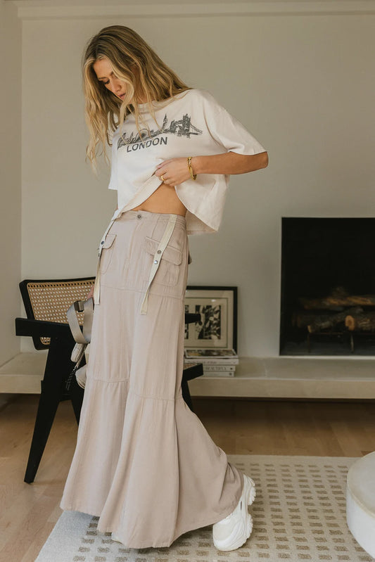 Maxi skirt paired with a cropped top 