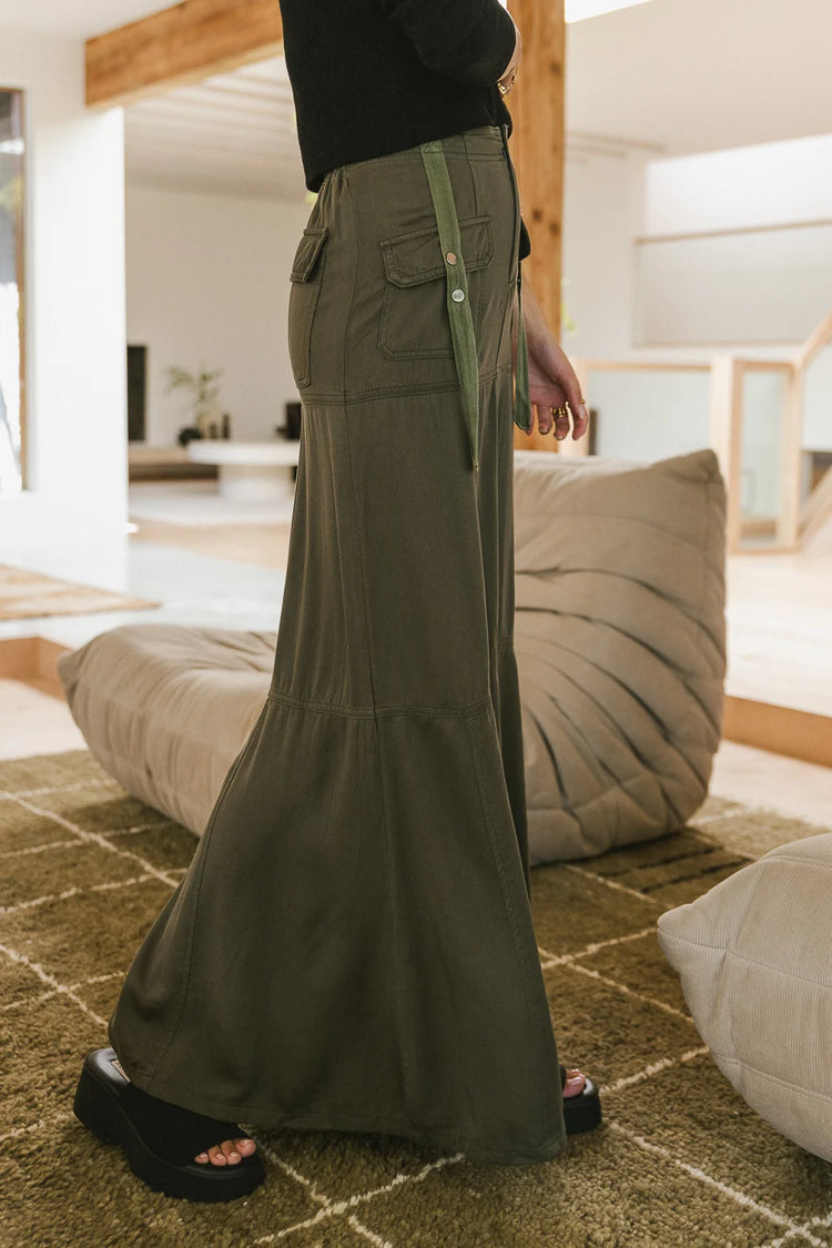 Tiered maxi skirt in olive 