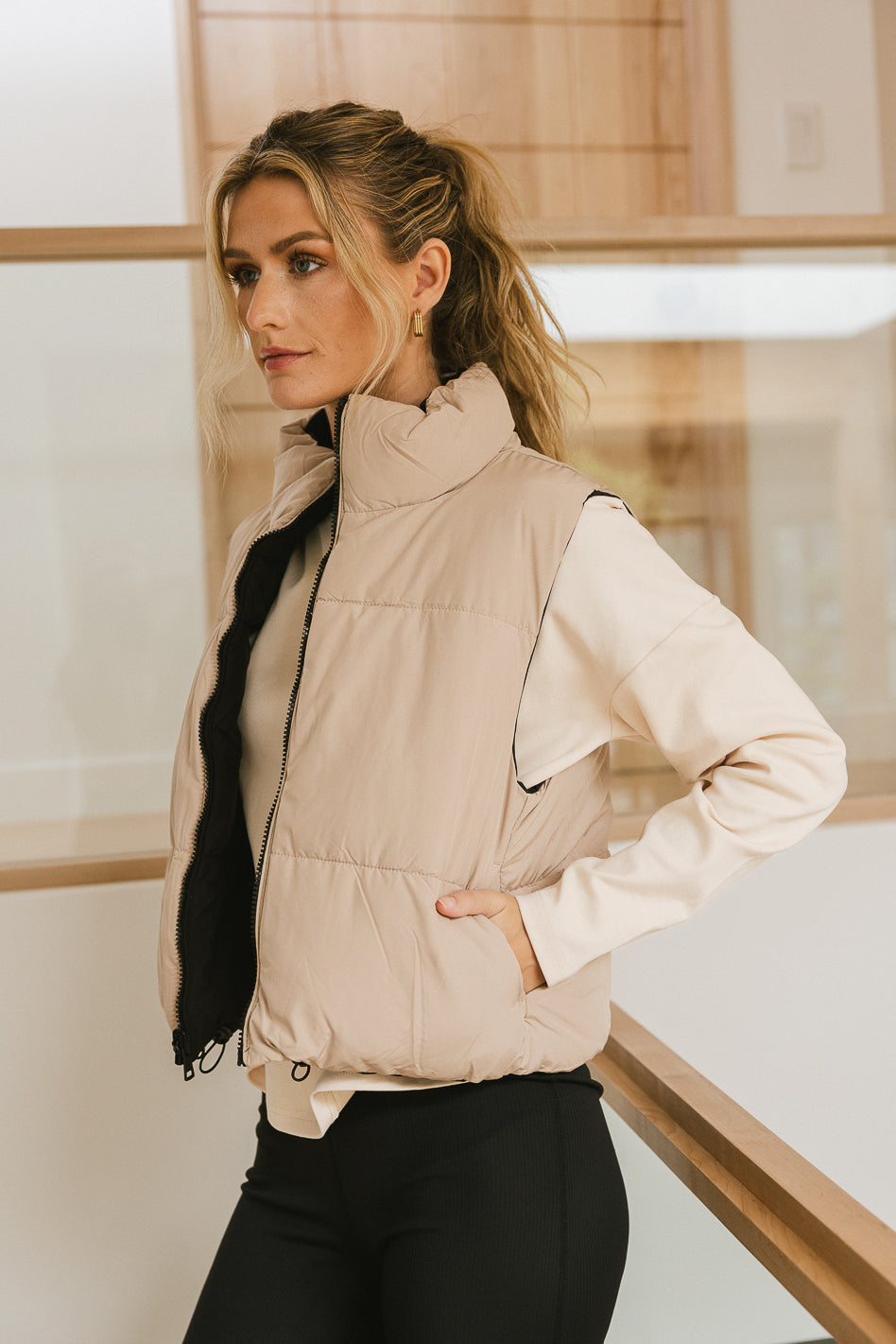 The Audrey Reversible Puffer Vest, Brown + Cream