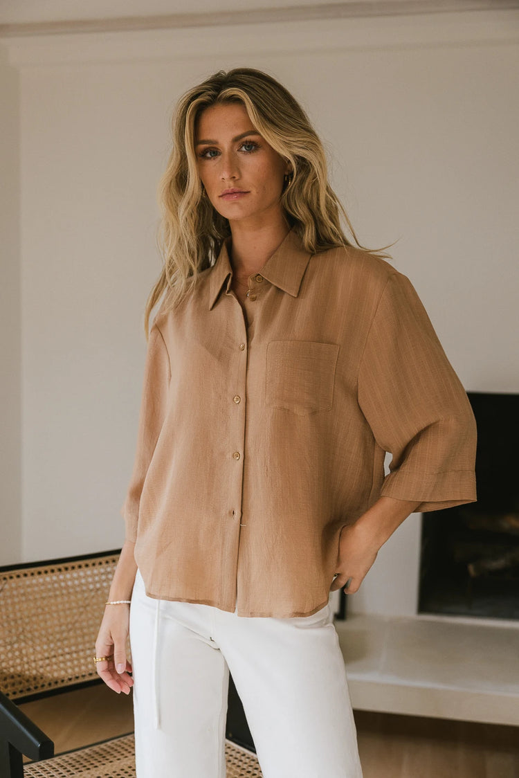 3/4 sleeves button up top in camel 