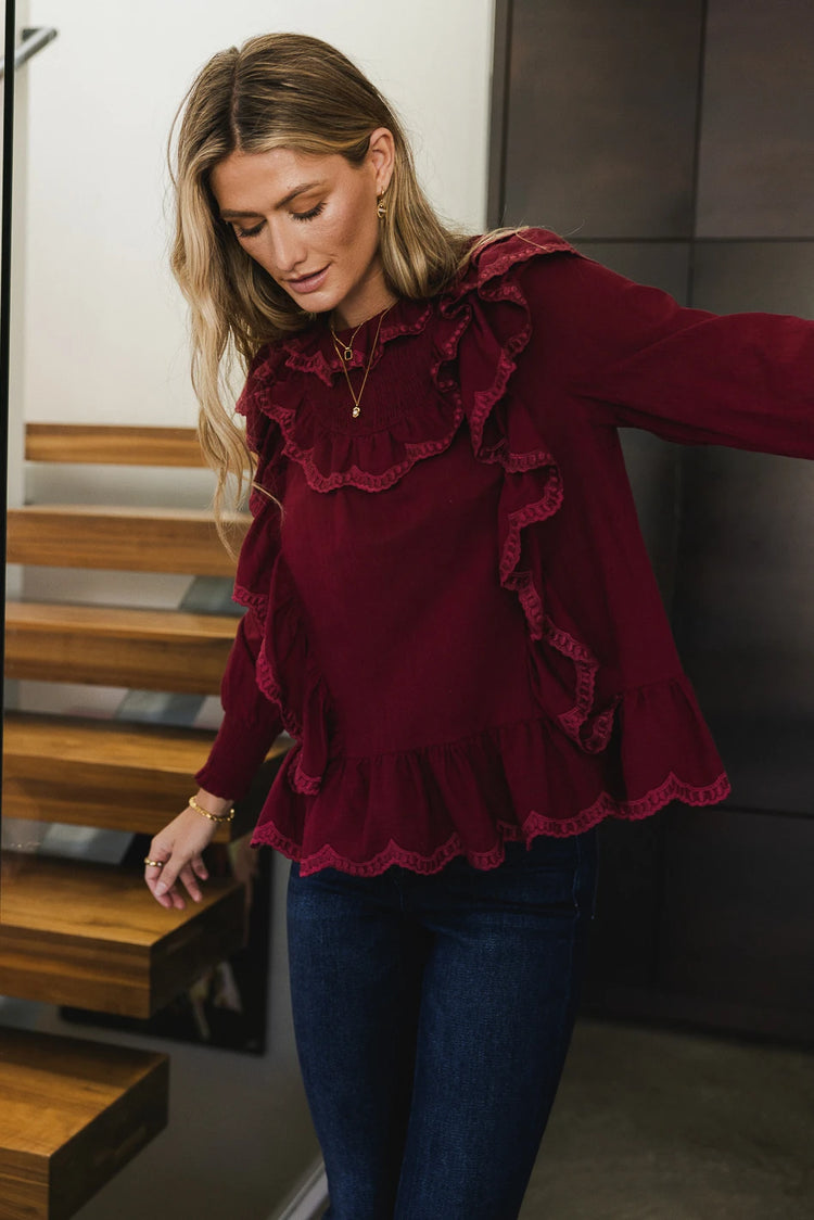 Front ruffle details blouse in burgundy 