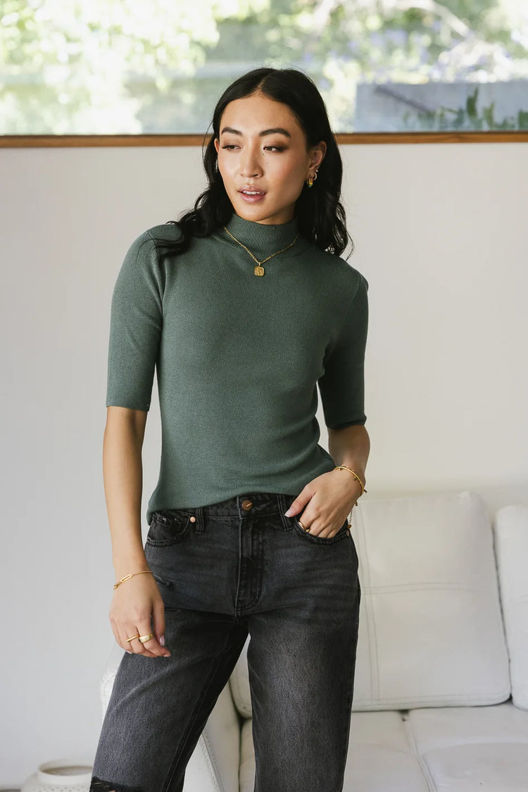 3/4 sleeves sweater top in green 